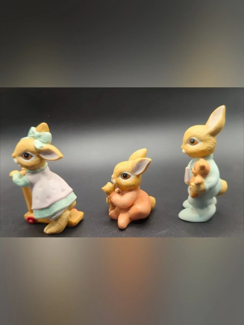 HOMCO Bunnies Figurine Set #1466, 3 pc Lot Scooter Teddy Bear Easter Rabbits VTG